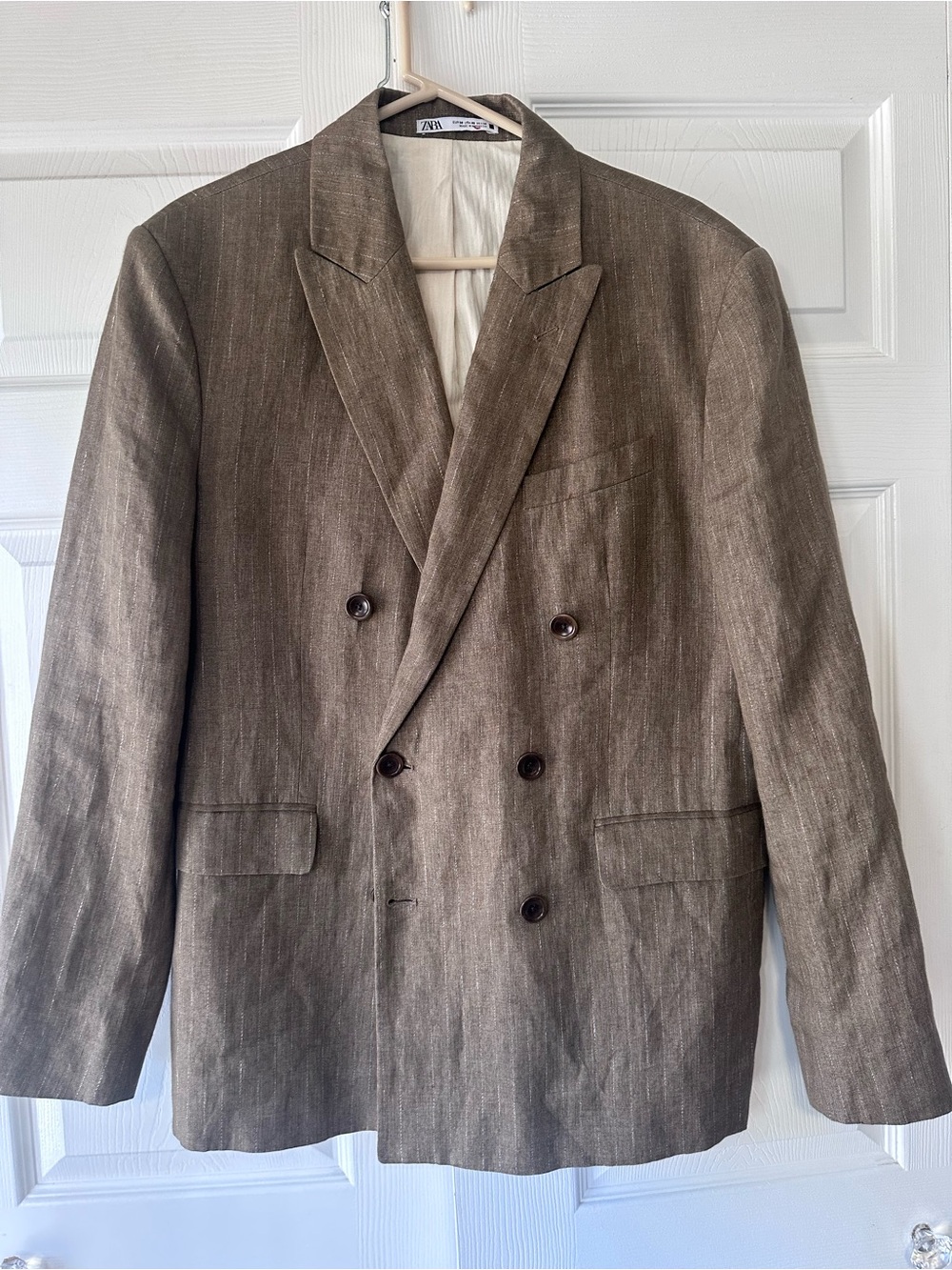 Zara Olive-Brown Double-Breasted Linen-Blend Blazer